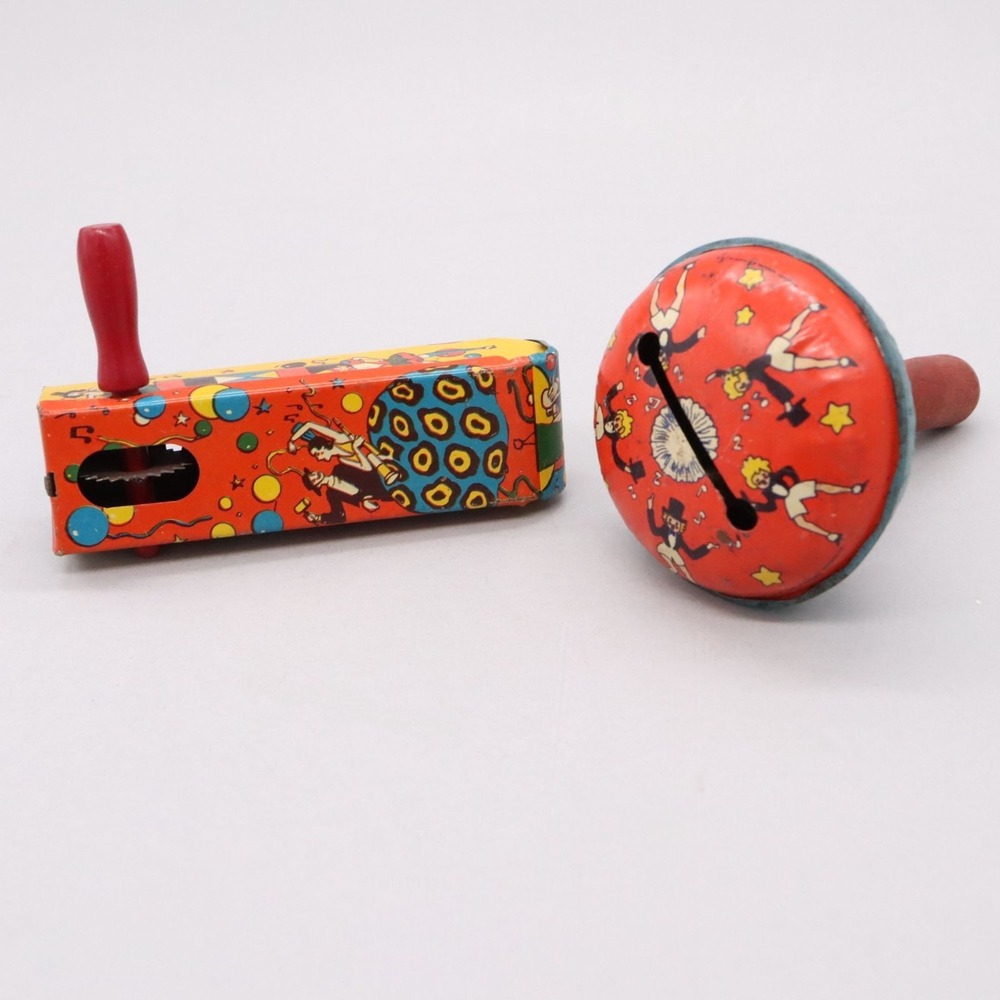 Set of 2 Wood Handle Tin Noisemakers Kirchhof & US Metal Toy Mfg. Vintage USA